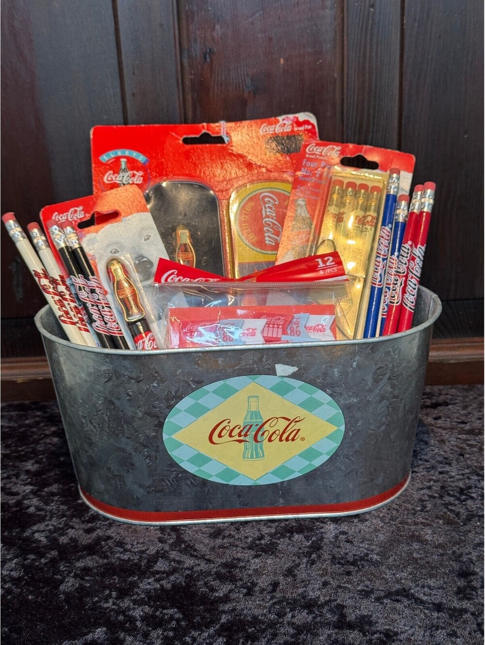Vintage Coca-Cola pencils and pens and Memorabilia Set in Metal Tin